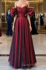 Off Shoulder Wine Red Sweetheart Tulle Evening Prom Dresses, A-line Wine Red Evening Dresses