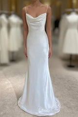 White Soft Satin Straps Simple Long Wedding Party Dresses, White Long Evening Dresses