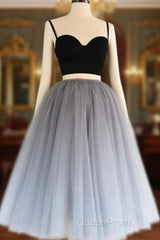 2 Pieces Black Gray Short Evening Prom Dresses, Two Pieces Short Black Gray Formal Graduation Dresses