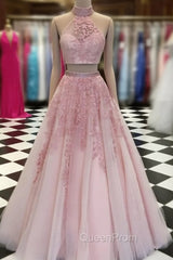 2 Pieces Pink Red Lace Evening Prom Dresses, Two Pieces Pink Red Tulle Lace Evening Dresses