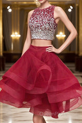 2 Pieces Short Burgundy Evening Prom Dresses, Two Pieces Short Wine Red Beaded Graduation Homecoming Dresses