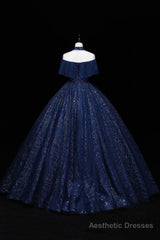 Blue Tulle Sequins Long Ball Gown, Elegant A-Line Formal Gown