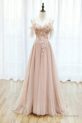 Pink Tulle Lace Long A-Line Prom Dress, Spaghetti Strap Formal Evening Dress