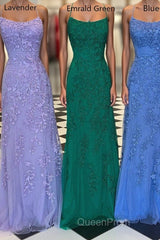 Mermaid Straps Long Lace Evening Prom Dresses with Lace-Up Back