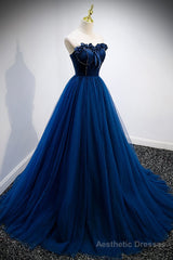 Blue Velvet Tulle Long Prom Dresses, A-Line Strapless Evening Dresses