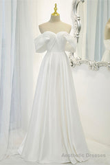 White Satin Long Prom Dress, Off the Shoulder Evening Dress