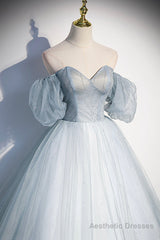 Blue Tulle Long A-Line Prom Dress, Blue Off the Shoulder Evening Dress