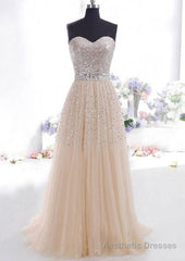 Strapless A-Line/Princess Sweep Train Tulle Prom Dress With Beaded