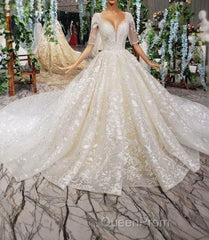 Luxury Lace Wedding Dresses Scoop Half Sleeves Appliques Ball Gown