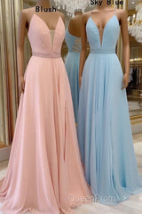 A-line V Neck Sleeveless Chiffon Sweep Train Evening Prom Dresses With Beading Pleated