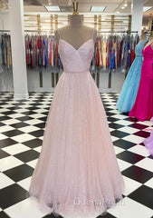 Lavender Evening Prom Dresses, A-line V Neck Spaghetti Straps Long/Floor-Length Tulle Evening Prom Dresses With Beading Sequins