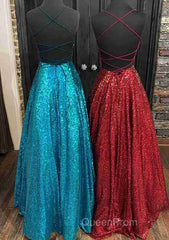 Fantasy Evening Prom Dresses, Princess A-line Bateau Sleeveless Sequined Long/Floor-Length Evening Prom Dresses