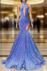 High Neck Sleeveless Illusion Sequined Trumpet Party Evening Prom Evening Dresses For Black Women