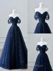 A-Line Off Shoulder Tulle Lace Dark Blue Long Evening Prom Dresses, Dark Blue Long Evening Dresses