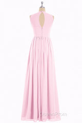 Pink Chiffon Halter Cutout Back A-Line Long Bridesmaid Dresses