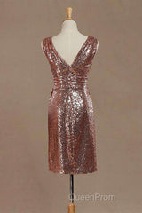 Rose Gold Sequin V-Neck Backless Short Bridesmaid Dresses