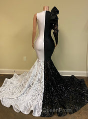 Hot Half Black Half White One shoulder Long Sleeves Mermaid Evening Prom Dresses