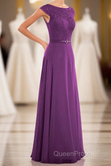 Elegant Purple Lace Cap Sleeve A-Line Long Bridesmaid Dresses