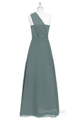 Dark Sage Green Chiffon One-Shoulder Long Bridesmaid Dresses