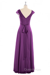Elegant Purple Lace Cap Sleeve A-Line Long Bridesmaid Dresses