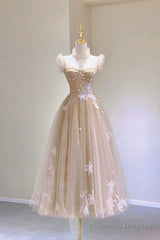 Champagne Lace Tea Length Prom Dresses, A-Line Evening Dresses