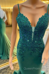 Hunter Green Floral Plunging V Mermaid Long Evening Prom Dresses