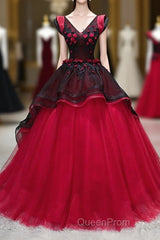 Unique Burgundy V Neck Tulle Long Evening Prom Dresses, Burgundy Evening Dresses
