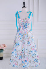 Blue and White Floral Bow Tie Straps A-line Tea-Length Evening Prom Dresses