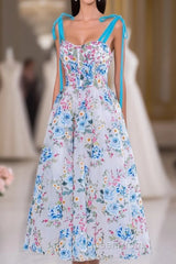 Blue and White Floral Bow Tie Straps A-line Tea-Length Evening Prom Dresses
