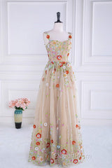 Dusty Pink Sequined Floral Appliques A-line Long Evening Prom Dresses
