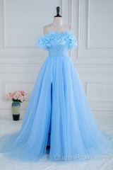 Light Blue Flowers Off-Shoulder A-line Long Evening Prom Dresses with Slit