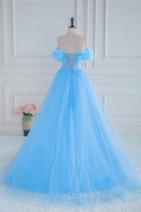 Light Blue Flowers Off-Shoulder A-line Long Evening Prom Dresses with Slit