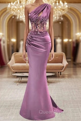 Lilac One Shoulder Mermaid Evening Prom Dresses with Beads