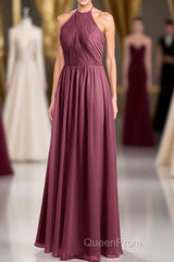 Mauve Chiffon Halter Backless A-Line Long Bridesmaid Dresses
