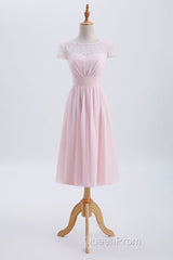 Princess Pink Chiffon and Lace Short Sleeves Bridesmaid Dresses