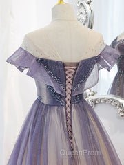 Purple Off Shoulder Tulle Sequin Long Evening Prom Dresses, Purple Evening Dresses