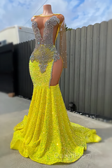 Round neck Silver Beaded Mermaid Yellow Sequin Evening Prom Dresses