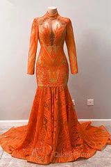 Hot Orange High neck Long Sleeves Mermaid Sequin Evening Prom Dresses