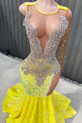 Round neck Silver Beaded Mermaid Yellow Sequin Evening Prom Dresses