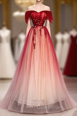 Burgundy Off Shoulder Tulle Long Evening Prom Dresses, Burgundy Formal Dresses, 1