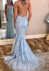 Chic Trumpet Spaghetti Straps With Lace Appliques Light Blue Evening Prom Dresses