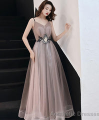 Champagne V Neck Tulle Long Prom Dress Evening Dress