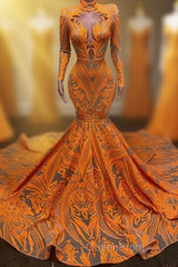 Hot Orange High neck Long Sleeves Mermaid Sequin Evening Prom Dresses