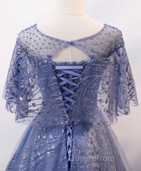 Unique Round Neck Tulle Lace Long Evening Prom Dresses, Blue Lace Evening Dresses