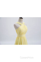 Cross Front Yellow Pleated Chiffon Long Bridesmaid Dresses