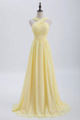 Cross Front Yellow Pleated Chiffon Long Bridesmaid Dresses