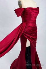 Red Satin Off-the-Shoulder Mermaid Long Prom Dress with Slit
