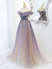 Purple Off Shoulder Tulle Sequin Long Evening Prom Dresses, Purple Evening Dresses
