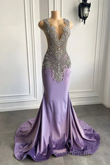 Lilac Mermaid Evening Prom Dresses with Scoop Neckline Sleeveless and Crystal Beadings