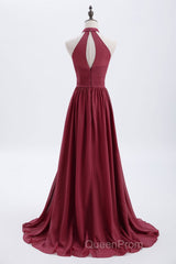 High Neck Burgundy Chiffon A-line Long Bridesmaid Dresses